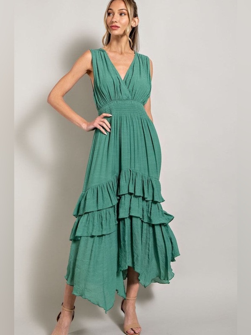 eesome Teal Green V‑Neck High‑Low Ruffle Maxi Dress